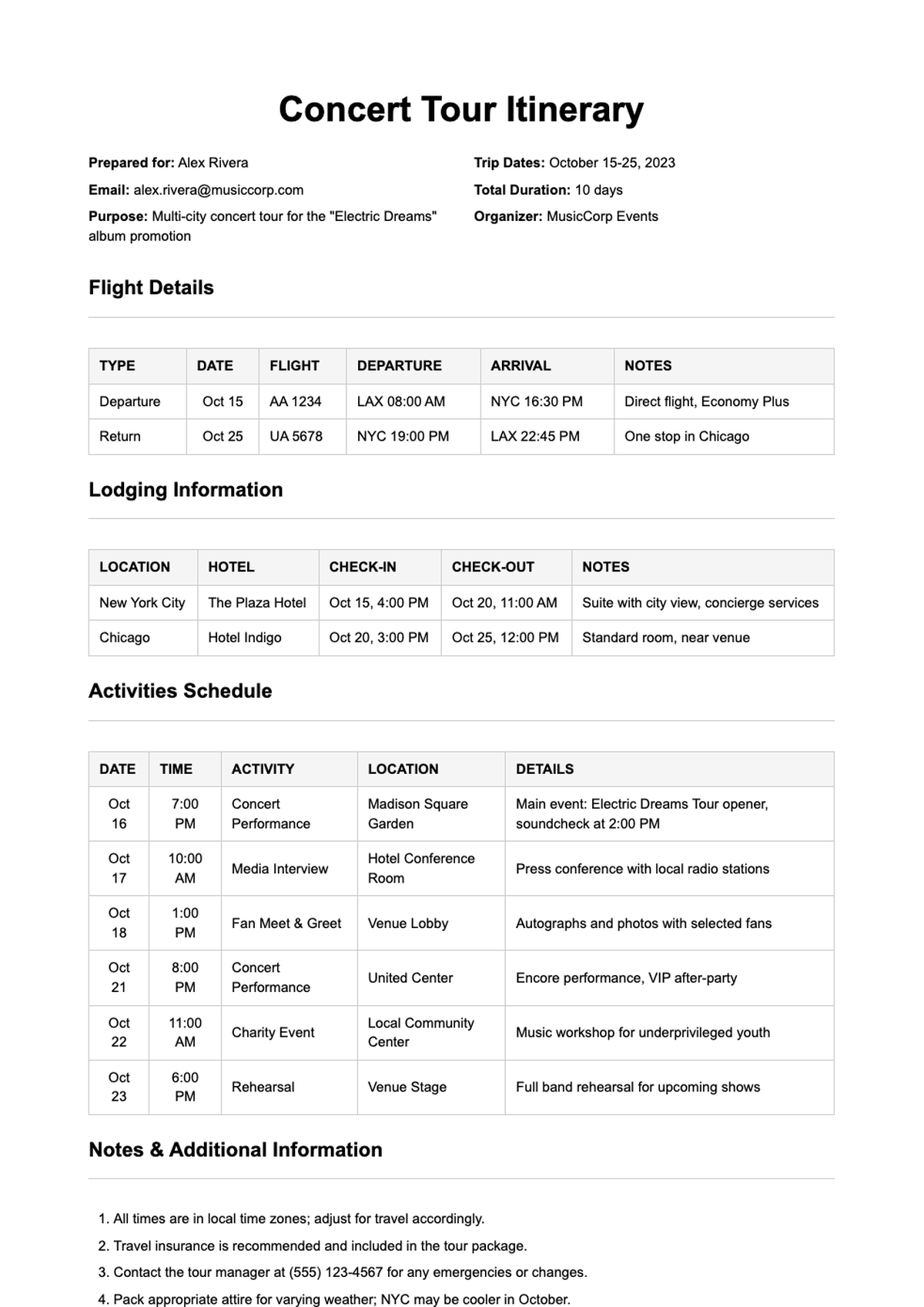 Concert tour itinerary with flight lodging and activity schedule_variant_3